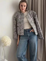 Silver Sequin Embellished Round Neck Long Sleeved Short Coat