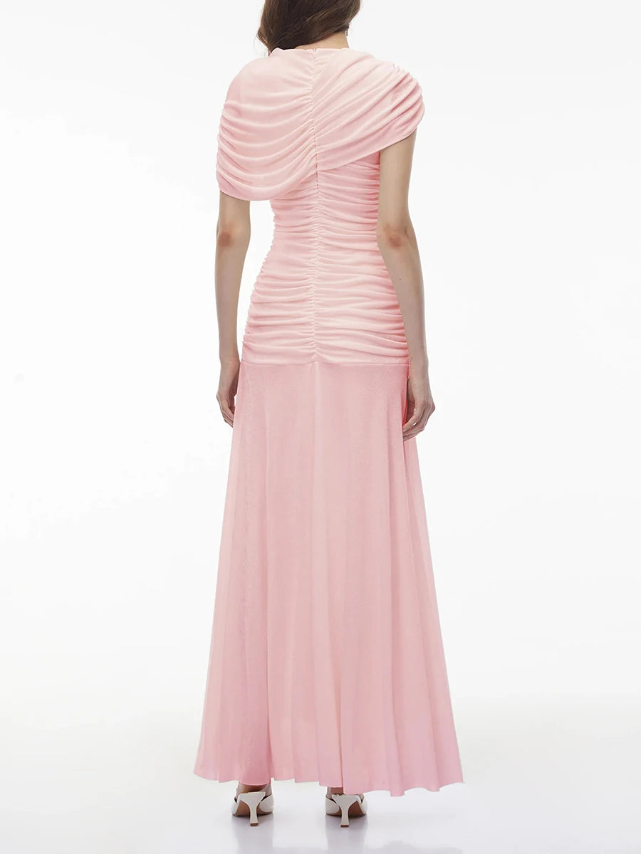 Back view of pink ruched shawl neck maxi dress
