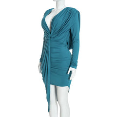 Draped Knot Deep Neck Long-Sleeve Mini Dress