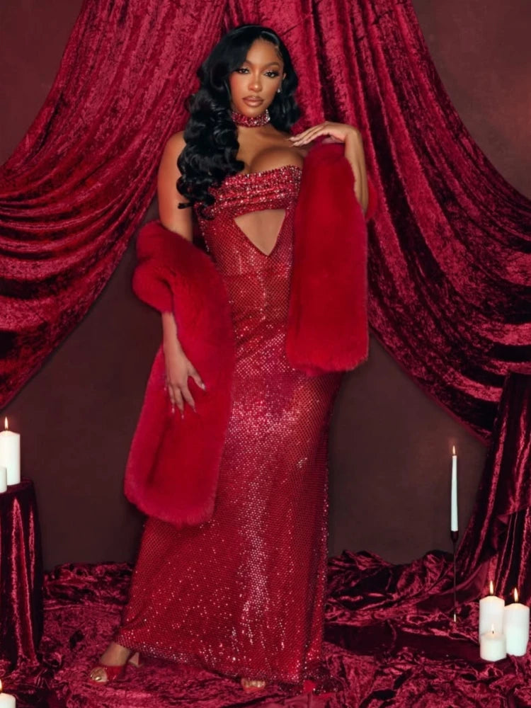 Model wearing a strapless diamond embellished gown dress