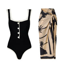 One-Shoulder Swimsuit with Oversized Flower Detail and Matching Printed Sarong Set