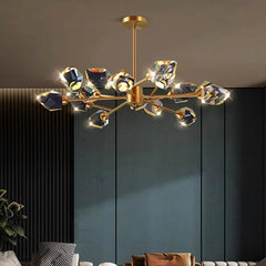  Sparkling crystal chandelier hanging in an elegant living room, creating a luxurious ambiance. Golden Atelier 1 