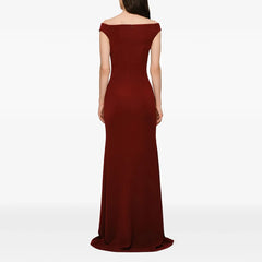 Off Shoulder Metal Buckle High Slit Maxi Dress