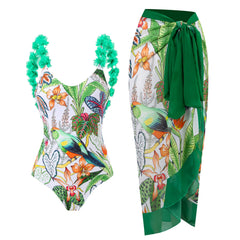 V-Neck Tie-Strap Swimsuit and Wrap Skirt Set