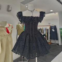 Off-the-Shoulder Ruffled Eyelet Mini Dress