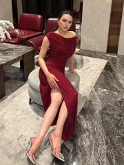 Red One Shoulder Diamond Embellished Maxi Dress