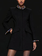 Black crystal embellished stand neck mini dress detail