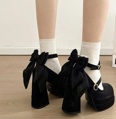 Designer cosplay party shoes for women with super high heel and bow accents