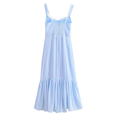 Light Blue Spliced Lace V neck Ruffles Hem Midi Dress