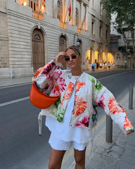 Quilted bomber jacket with oversized floral print