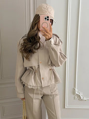 Utility Stand Collar Button Drawstring Peplum Jacket
