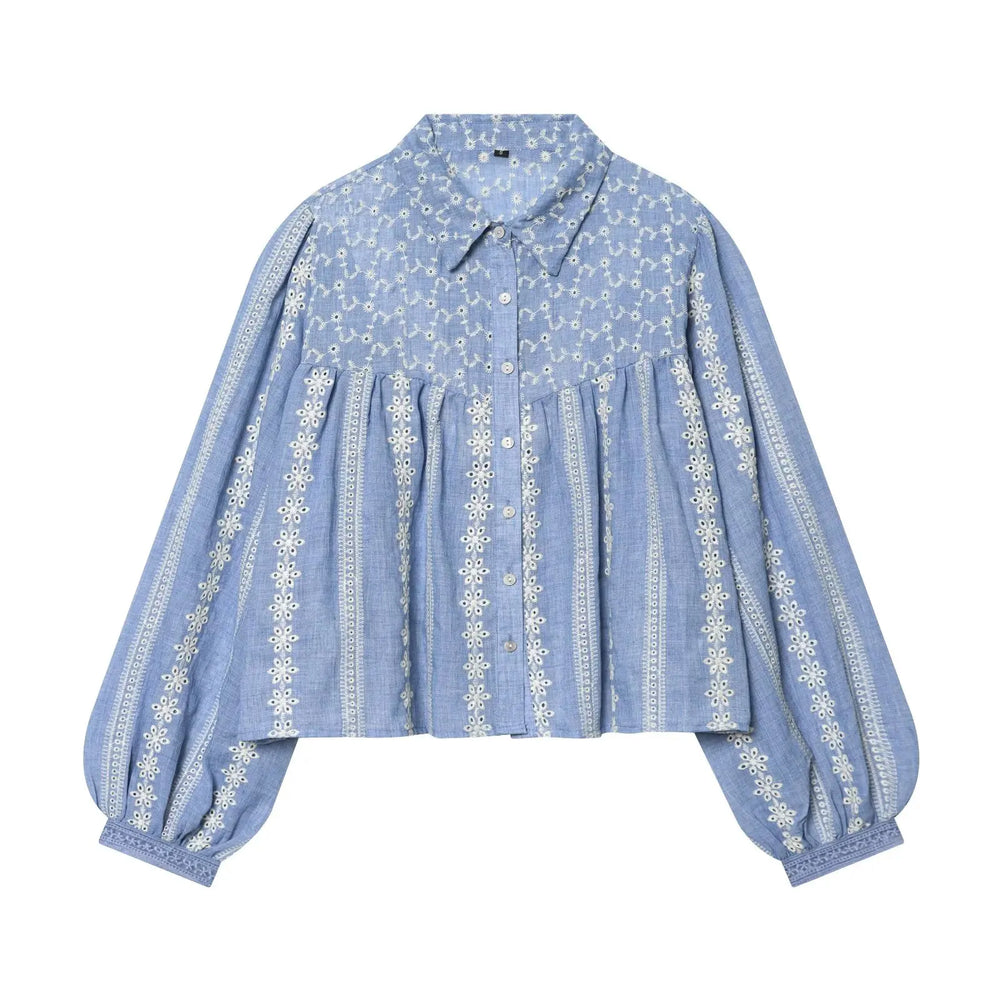 Blue embroidered puff sleeve casual blouse