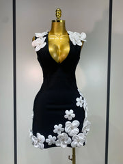 Black crystal flower v-neck sleeveless gown