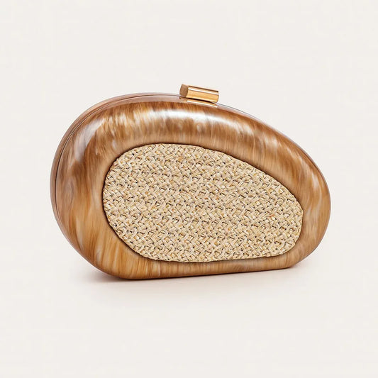 Brown sculptural resin clutch with woven inlay