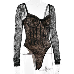 Black Lace Square Neck Long Sleeve Bodysuit