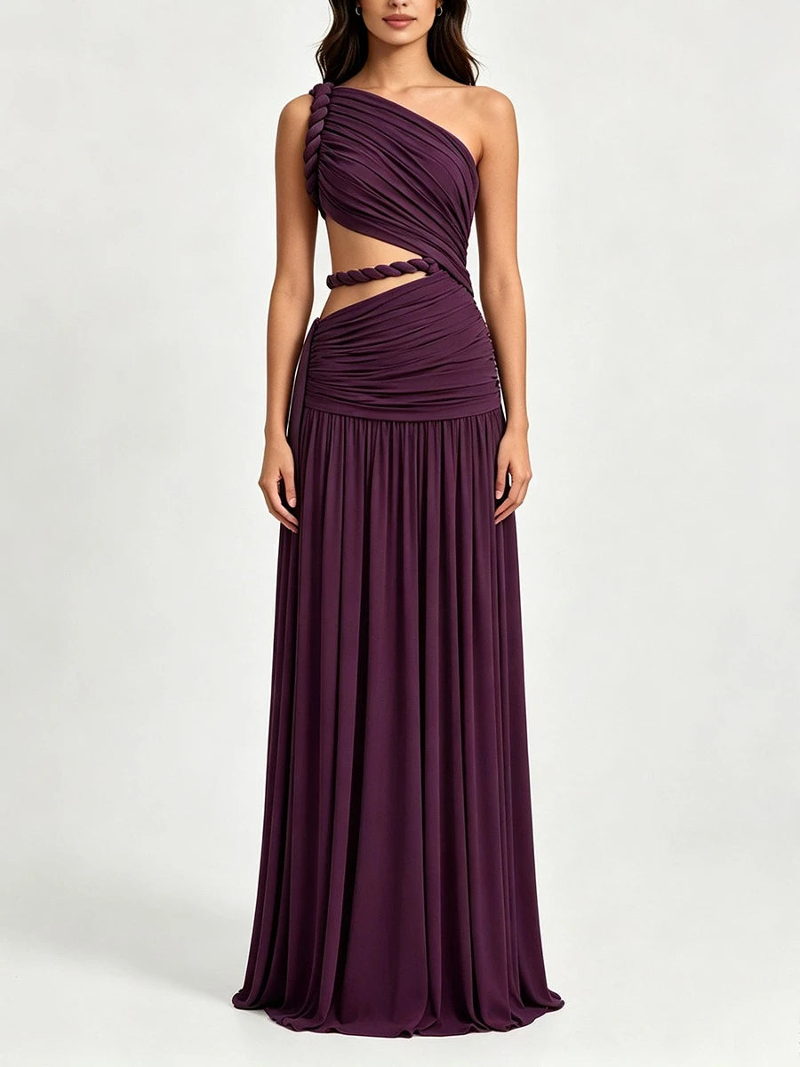 One-shoulder cutout maxi dress in dark purple, front view