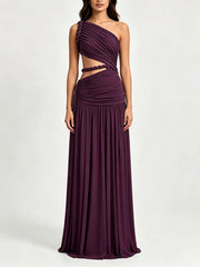 One-shoulder cutout maxi dress in dark purple, front view