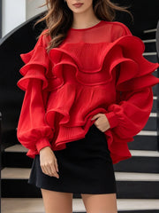 Ruffled lantern sleeve sheer red blouse detail