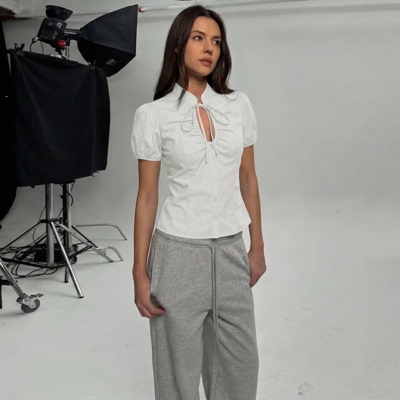 Puff sleeve tie neck ruched front button-up shirt