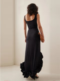Black Ruffled Trim Slit Midi Sleeveless Dress