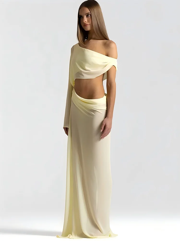 Draped Cutout One-Shoulder Maxi Dress side view in yellow