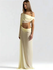 Draped Cutout One-Shoulder Maxi Dress side view in yellow