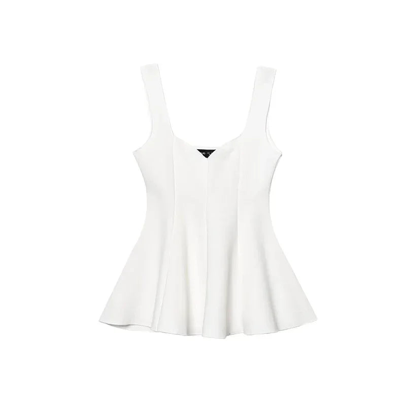 White dress with a black brand logo on a white background
