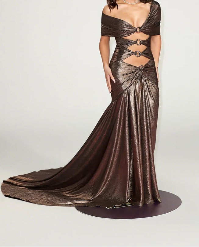 Brown evening gown with cut-out design