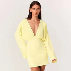 Long sleeve deep v-neck mini dress in yellow