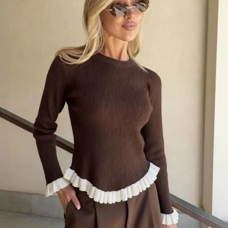 Ribbed knit top with ruffled trim in brown