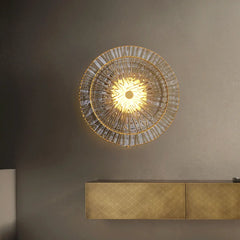  A sleek postmodern glass wall sconce illuminating a modern living room with soft, diffused light. C