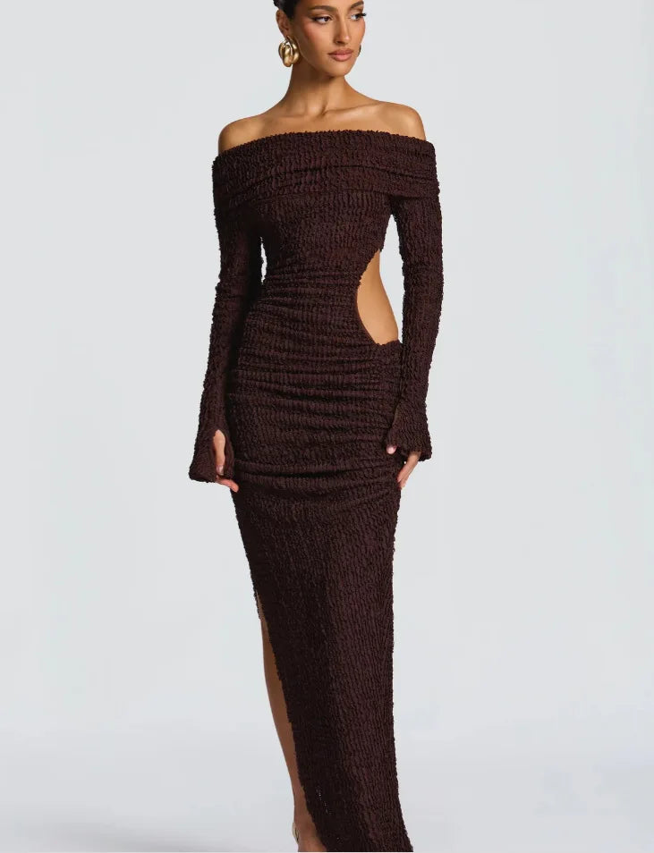 Brown off-shoulder dress with cutout design 