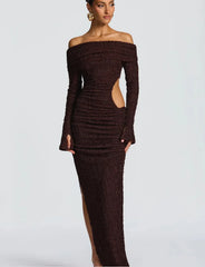 Brown off-shoulder dress with cutout design 