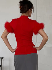 Mock Neck Feather Trim Sleeve Top