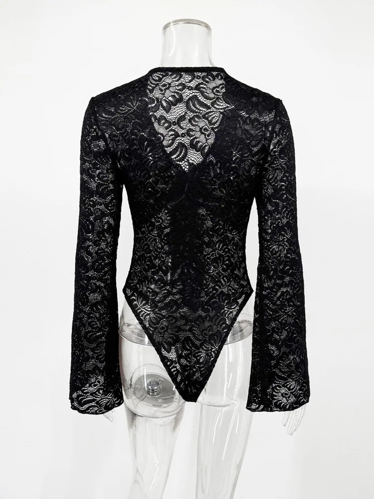Black lace bodysuit on a mannequin against a white background