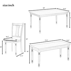 Dimensions of a dining set including a table, bench, and chair on a white background.