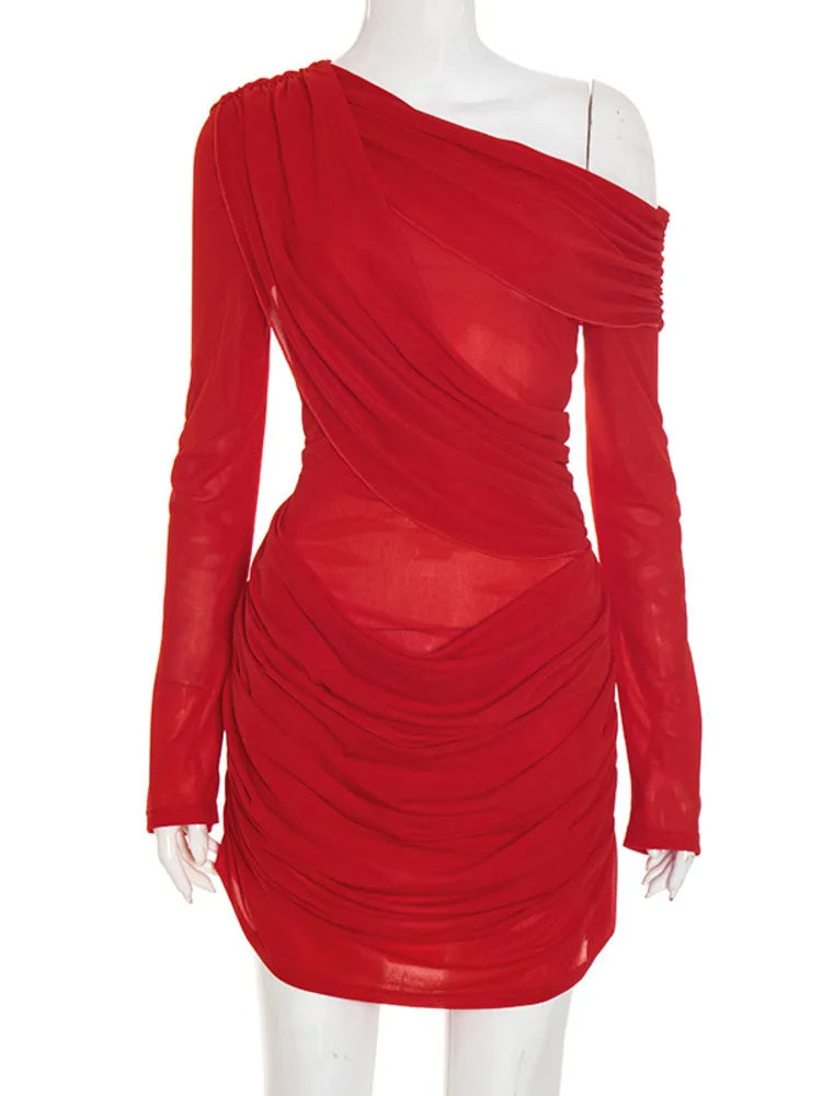 Red one-shoulder dress on a mannequin against a white background