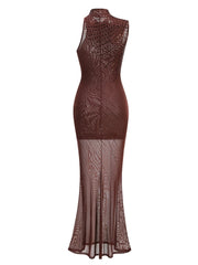 Sequin Embellished Mock Neck Sheer Gown Dress