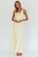 Cowl neck maxi dress with sleeveless design and ruched waist