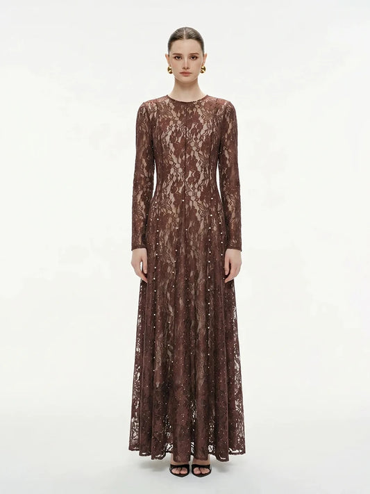 Brown long sleeve lace embellished maxi dress