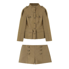 Brown Stand Collar Long Sleeve Pocket Jacket and Shorts Two Piece Set