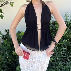 Black Halter neck Deep V-neck Slit Top