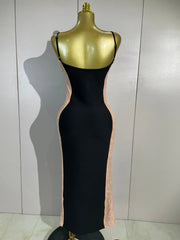 Lace trim colorblock midi dress back view
