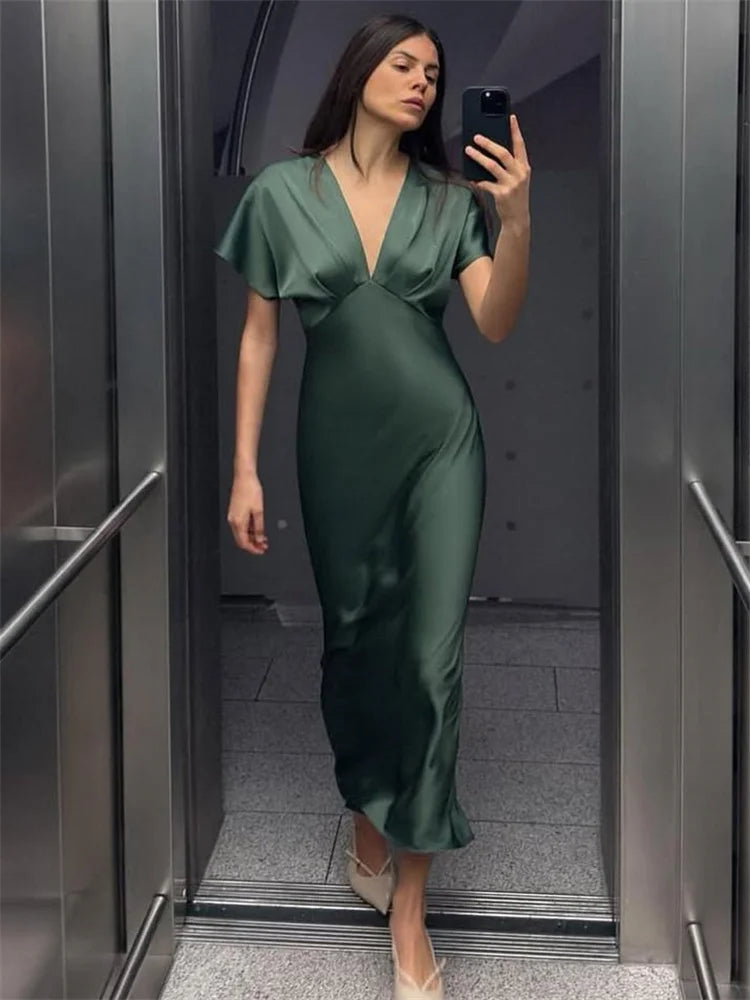 V-neck flutter sleeve satin maxi dress