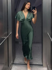 V-neck flutter sleeve satin maxi dress