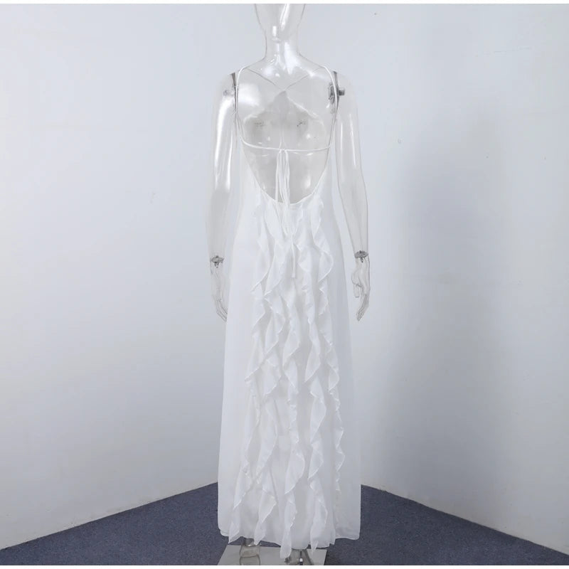 Mannequin wearing a white lace dress against a plain white background