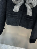 Velvet Lapel Long Sleeved Diamond Studded Bow Tweed Jacket