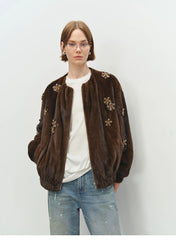 Beaded Brown Faux Fur Bomber Jacket