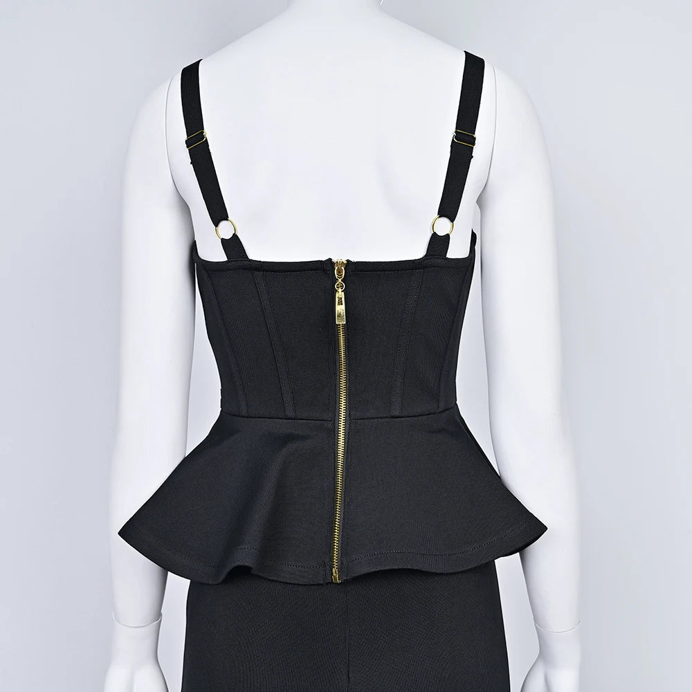 Black peplum top with suspenders on a mannequin against a white background
