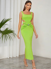 Hollow Out Green Square Collar Straps Backless Maxi Dress